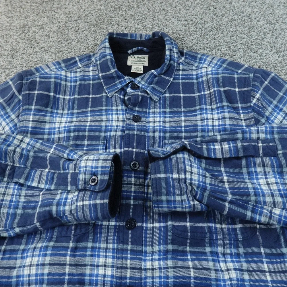 LL‎ Bean Jacket Mens L Blue Plaid Fleece Lined Flannel Shirt Shacket Button Up